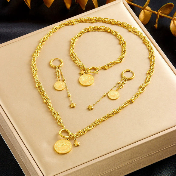 Neutral Style Goldplated Stainless Steel Coin Round Pendant Earrings Necklace Bracelet