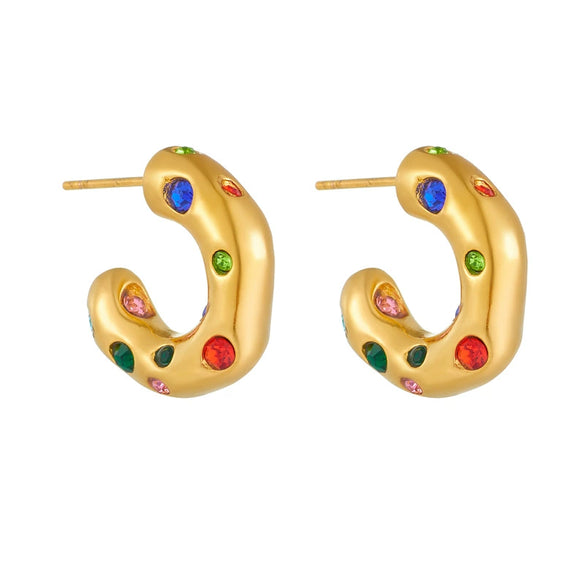 Neutral Titanium Steel C Shaped Earrings With Zircon Inlaid Geometric And Cartoon Style Vacuum Electroplated