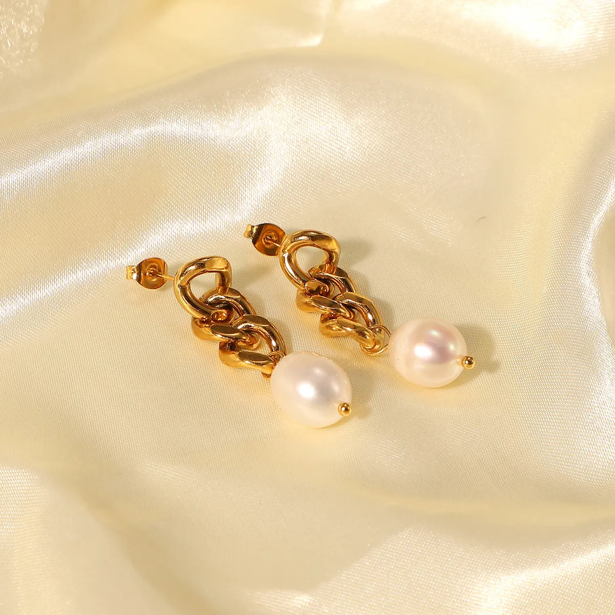 New 18k Gold-plated Baroque Pearl Drop Geometric Stainless Steel Earrings