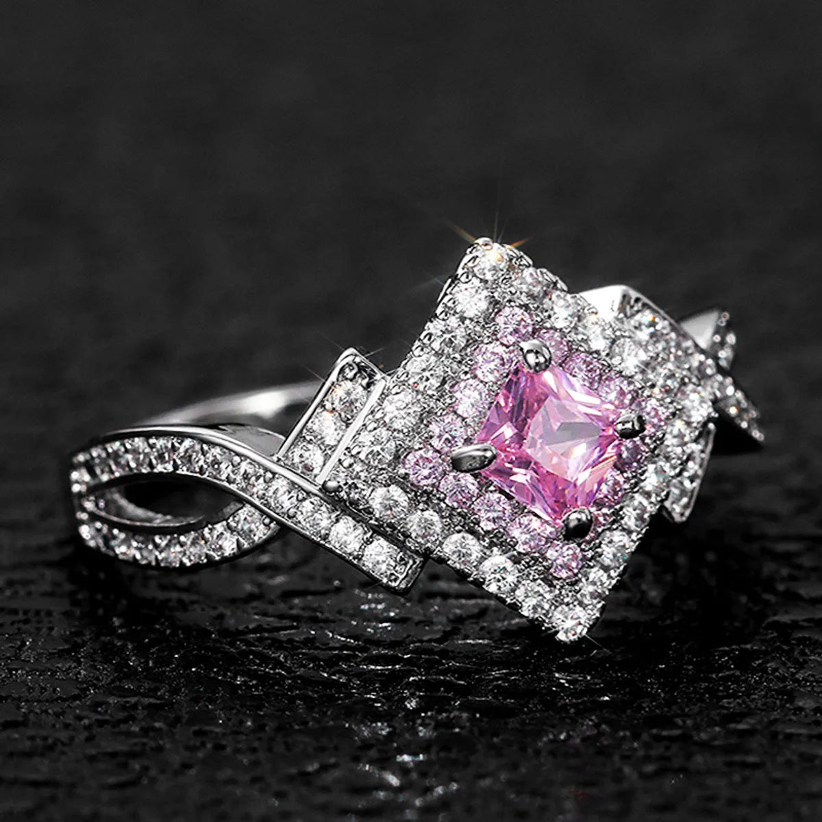 New Accessories Creative Cross Winding Pink Diamond Zircon Copper Ring