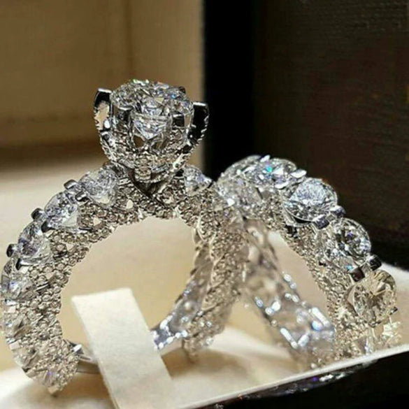 New Accessories Fashion Highend Full Diamond Zircon Ring Design Copper Women's Engagement Wedding Set Ring
