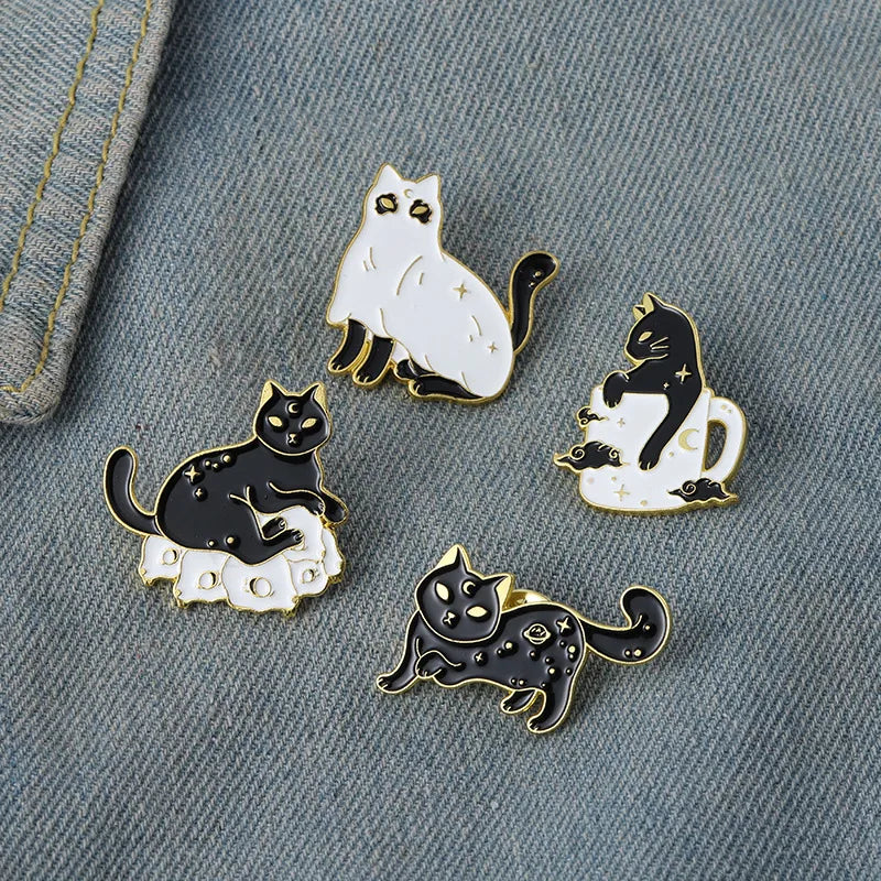 New Alloy Animal Brooch Creative Cartoon Cute Black And White Cat Shape Paint Brooch Clothing Accessories