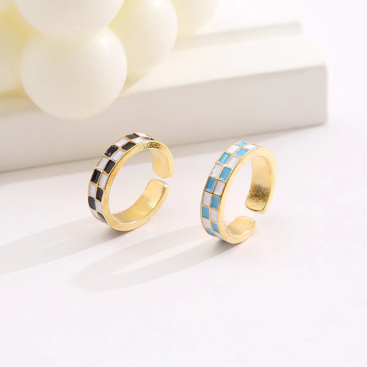 New Alloy Women's Jewelry Klein Blue Drop Oil Checkerboard Grid Double Ring