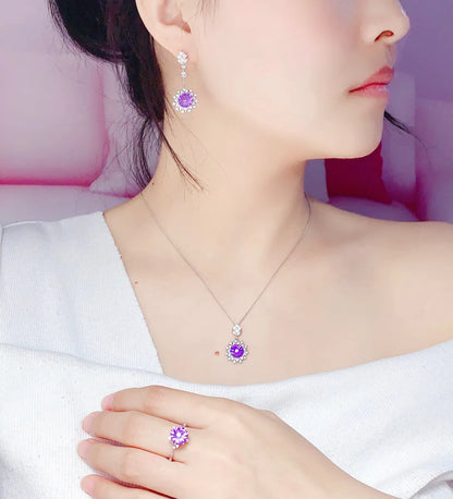 New Amethyst Rings Pendants Earings Set Fire Flash Fireworks Cutting Amethyst Necklace Pt950 Platinum