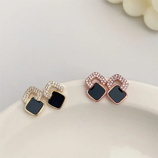 New Black Geometric Square Stud Earrings