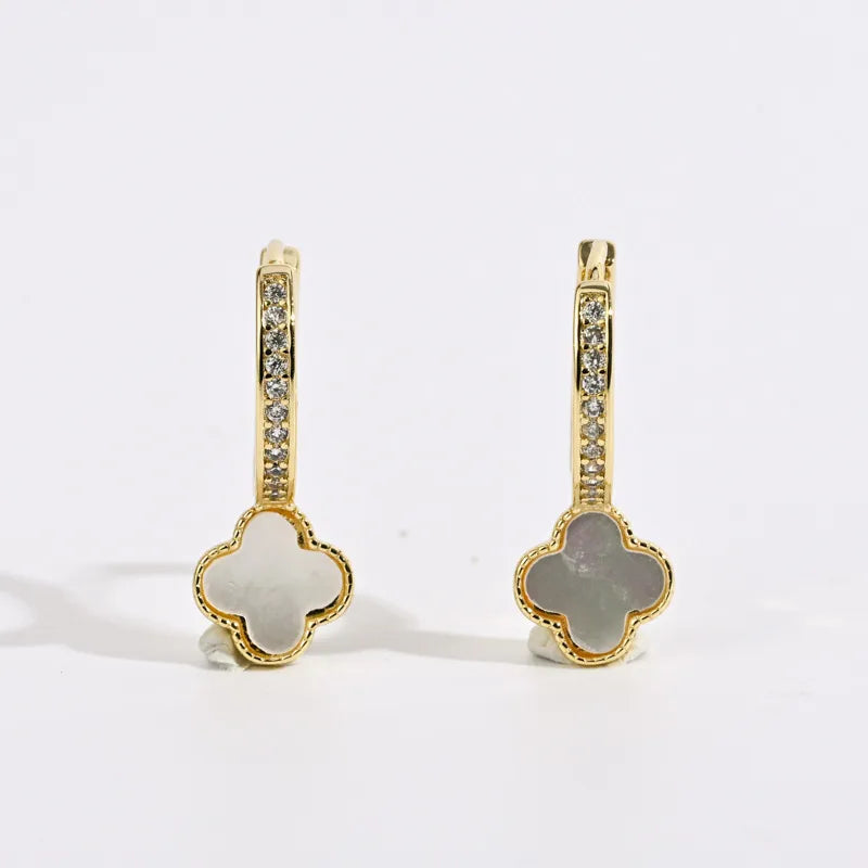 New Brass 14k Real Gold Plated Four-Leaf Clover White  Earrings