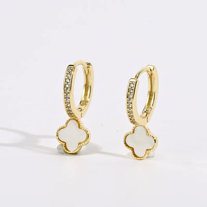 New Brass 14k Real Gold Plated Four-Leaf Clover White  Earrings