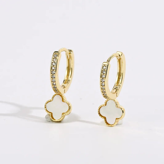 New Brass 14k Real Gold Plated Four-Leaf Clover White  Earrings