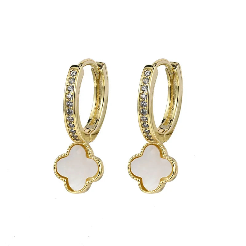 New Brass 14k Real Gold Plated Four-Leaf Clover White  Earrings