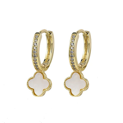 New Brass 14k Real Gold Plated Four-Leaf Clover White  Earrings