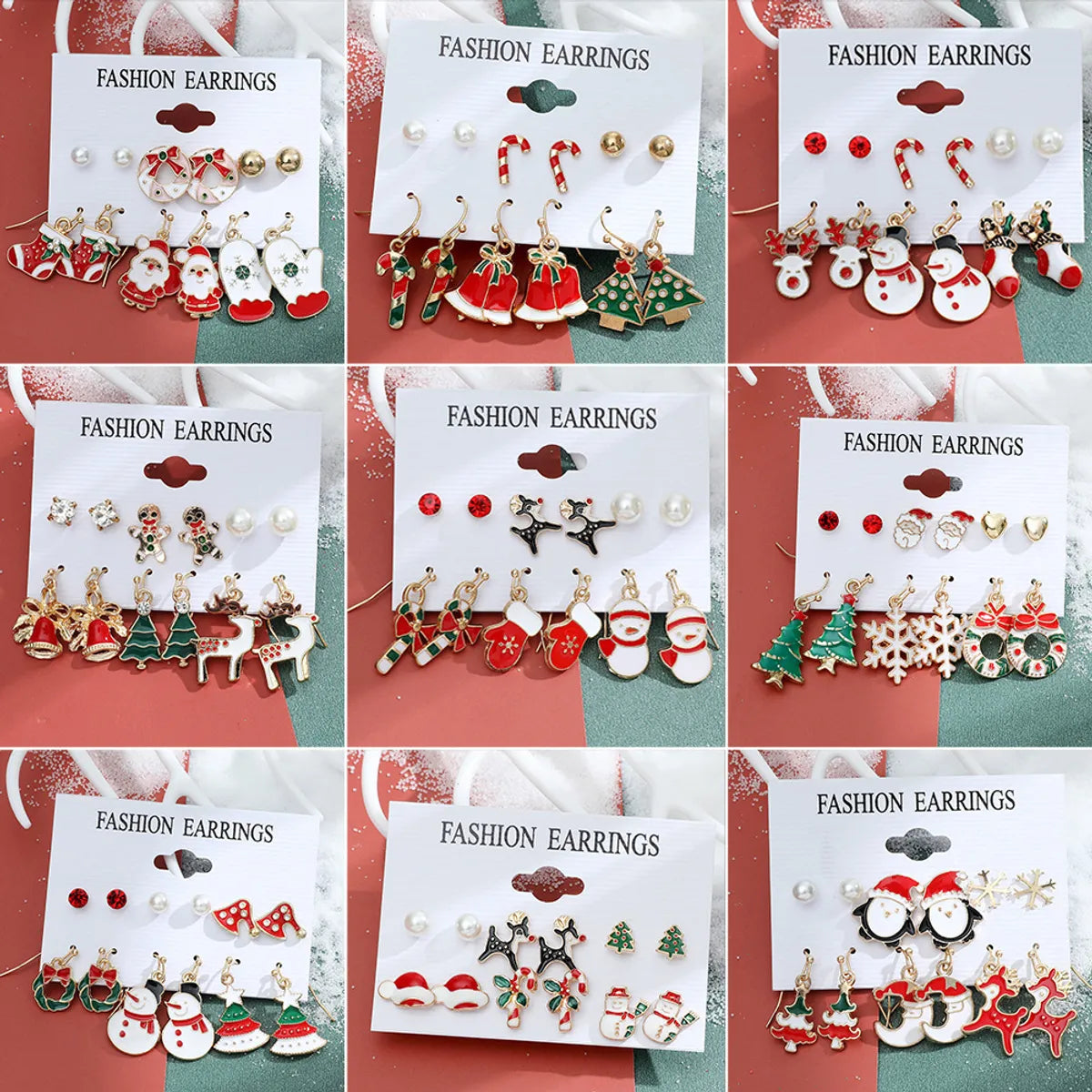 New Christmas Snowman Cane Earrings Set Cartoon Dripping Elk Wreath Earrings