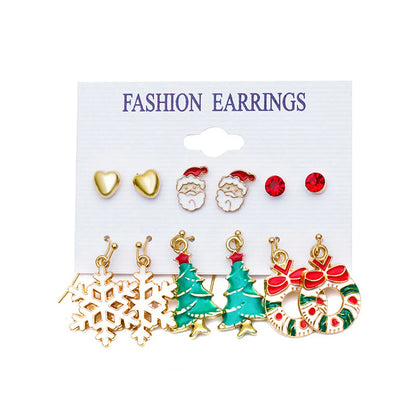 New Christmas Snowman Cane Earrings Set Cartoon Dripping Elk Wreath Earrings