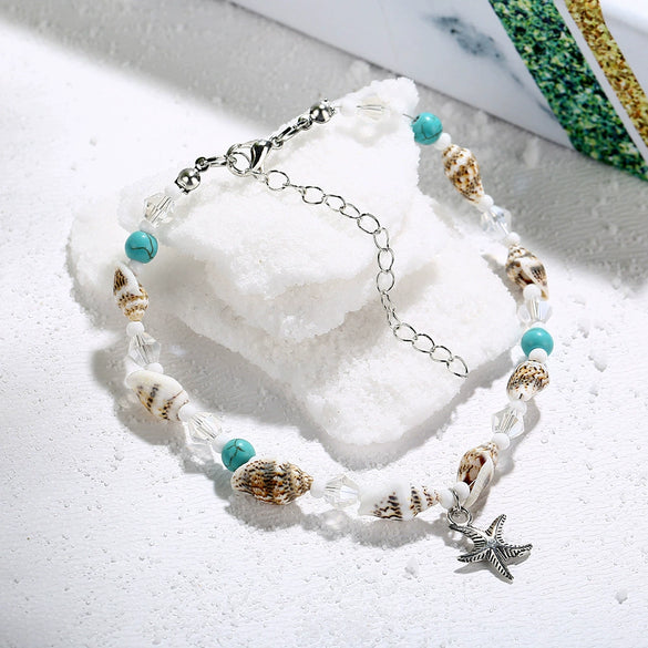 New Conch Rice Beads Yoga Anklet Bracelet Beach Starfish Pendant Shell Crystal Beads Foot Ornaments