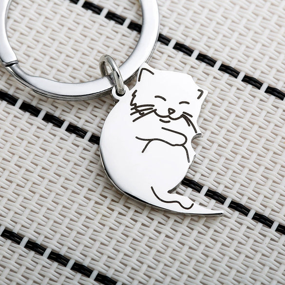 New Creative Black And White Cartoon Cat Stainless Steel Keychain Pendant For Couples