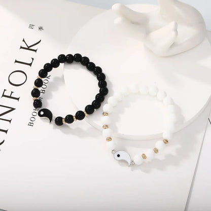 New Creative Black White Natural Stone Round Stitching Couple Bracelet