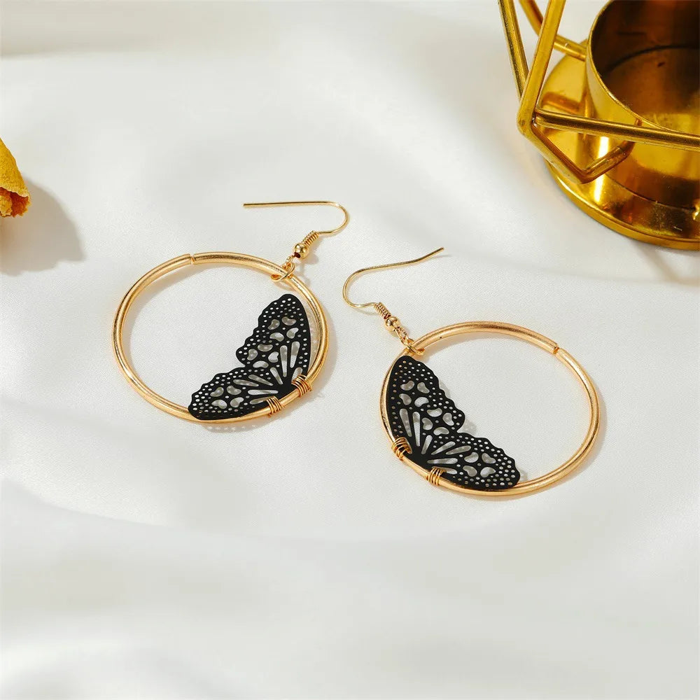 New Creative Lace Butterfly Retro Geometric Hollow Round Earrings Wholesale