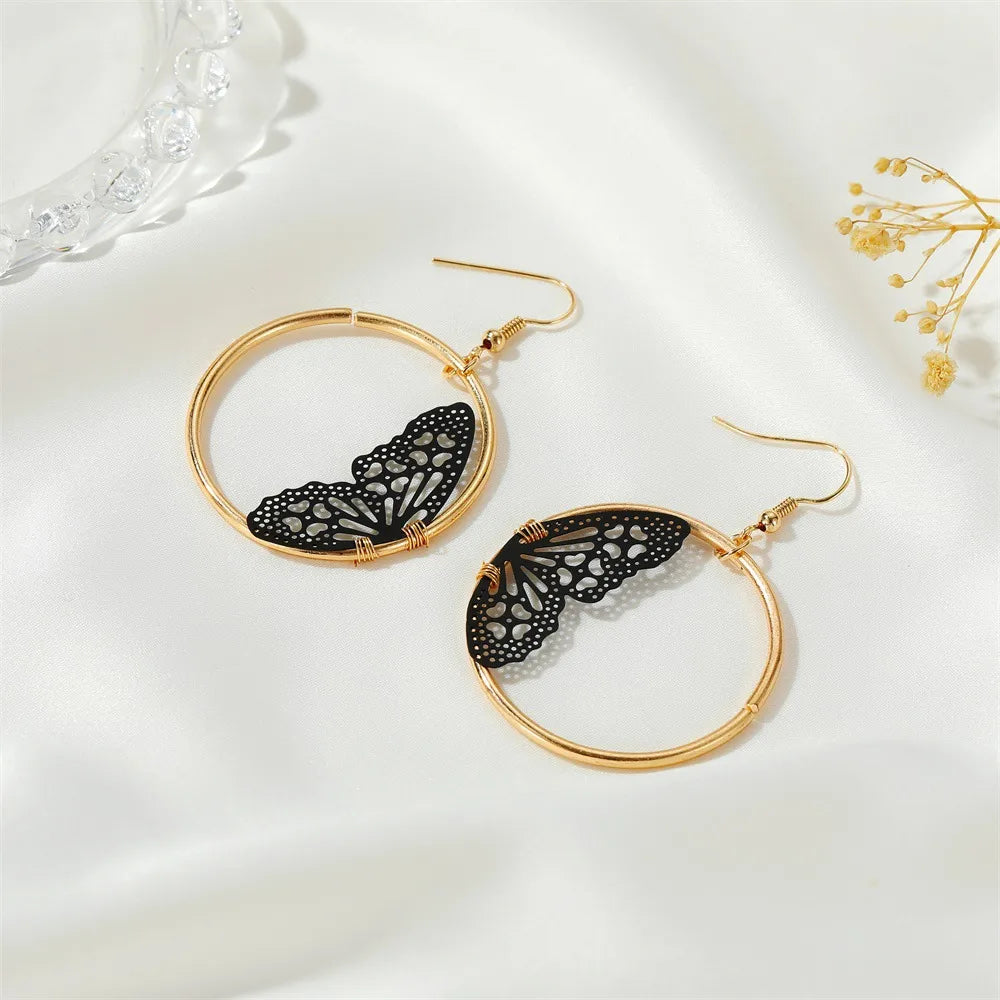 New Creative Lace Butterfly Retro Geometric Hollow Round Earrings Wholesale