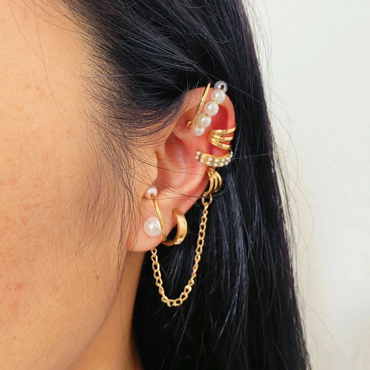 New Creative Pearl Tassel Non-pierced Ear Bone Clip Ins Large And Small Pearls Ear Clip Set 8-piece Set Small Ear Clip