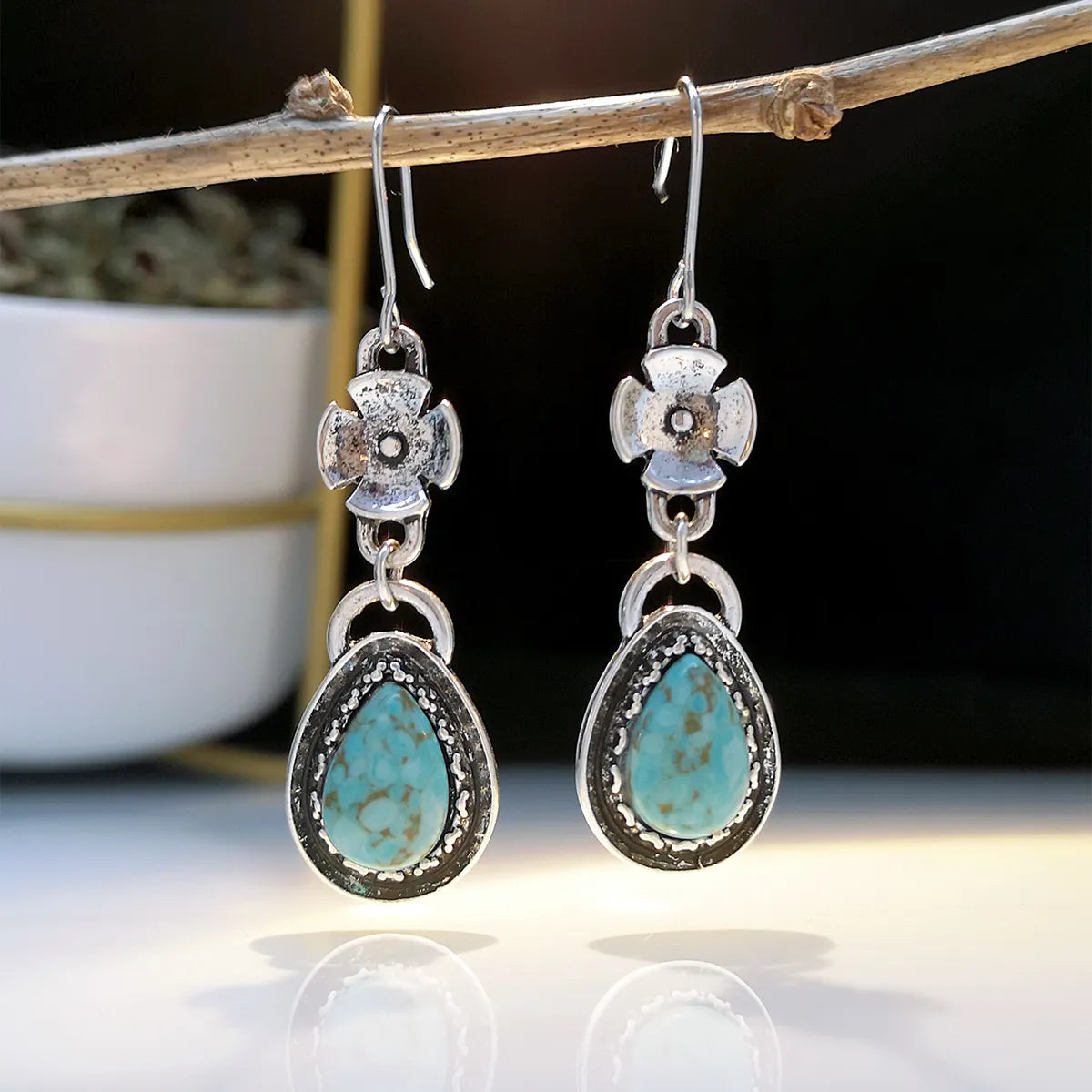 New Creative Retro Turquoise Earrings Ethnic Style Fashion Flowers And Drop Earrings