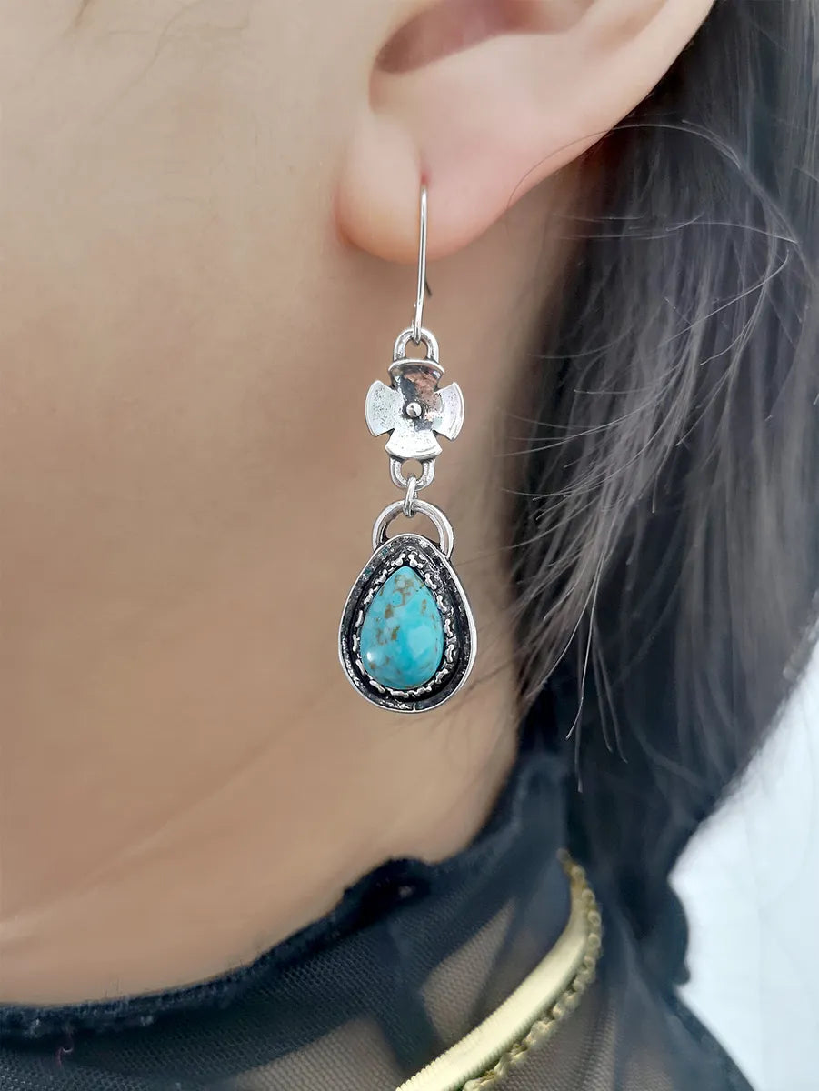 New Creative Retro Turquoise Earrings Ethnic Style Fashion Flowers And Drop Earrings