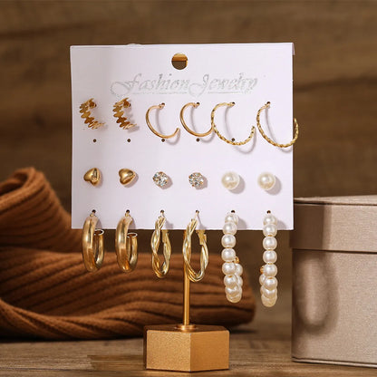 New Creative Simple Fashion Temperament Twist Pearl Earrings 9-Piece Set