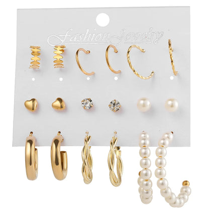 New Creative Simple Fashion Temperament Twist Pearl Earrings 9-Piece Set