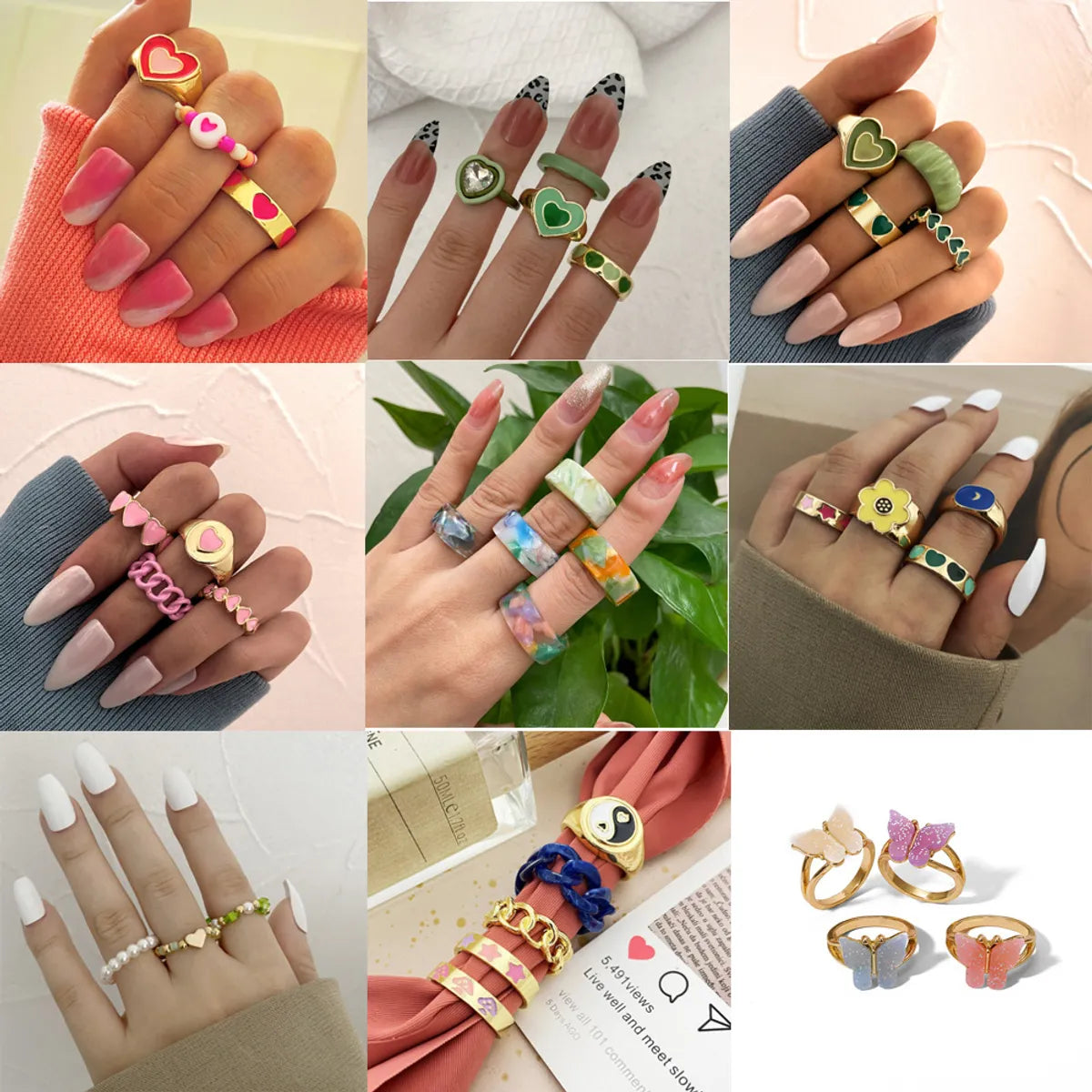 New Creative Simple Resin Alloy Women'S Tail Ring Ring Color Ring Set