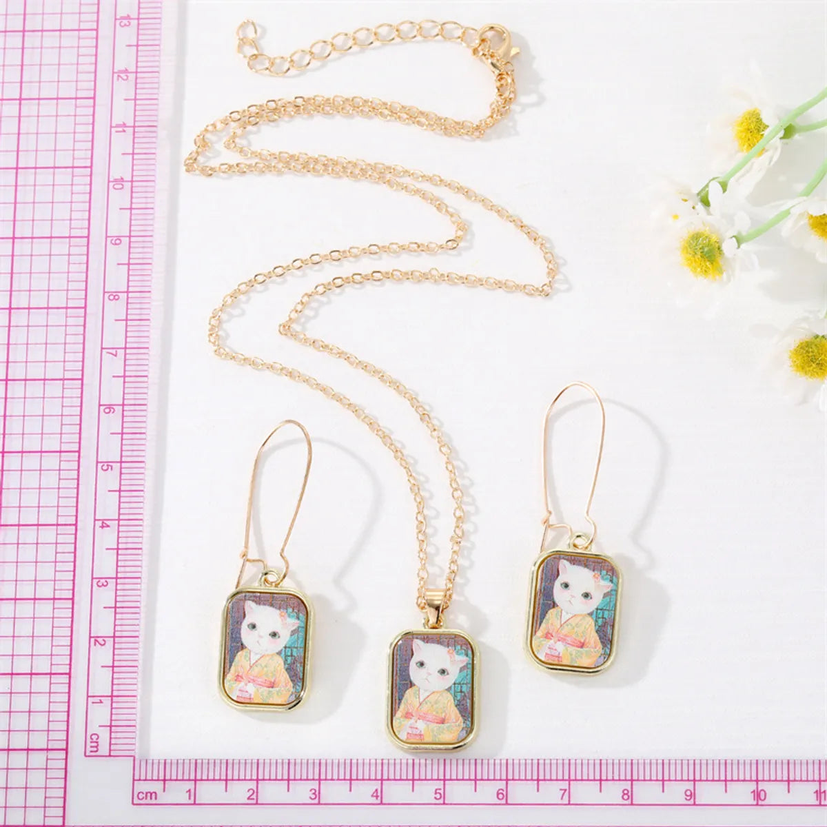 New Cute Style Cat Oil Painting Square Pendant Earrings