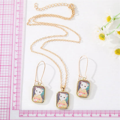 New Cute Style Cat Oil Painting Square Pendant Earrings