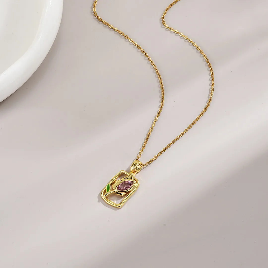 Copper IG Style Sweet Simple Style Plating Hollow Out Inlay Flower Zircon Pendant Necklace