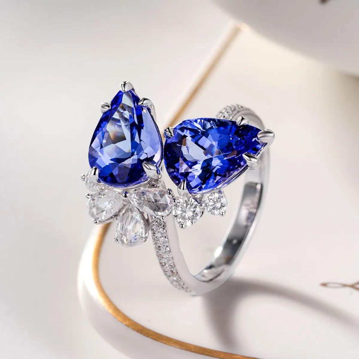 New Double Diamond Tanzanite Blue Drop Pear-shaped Ring Simulation Sapphire Copper Open Ring