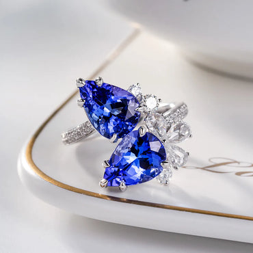 New Double Diamond Tanzanite Blue Drop Pear-shaped Ring Simulation Sapphire Copper Open Ring