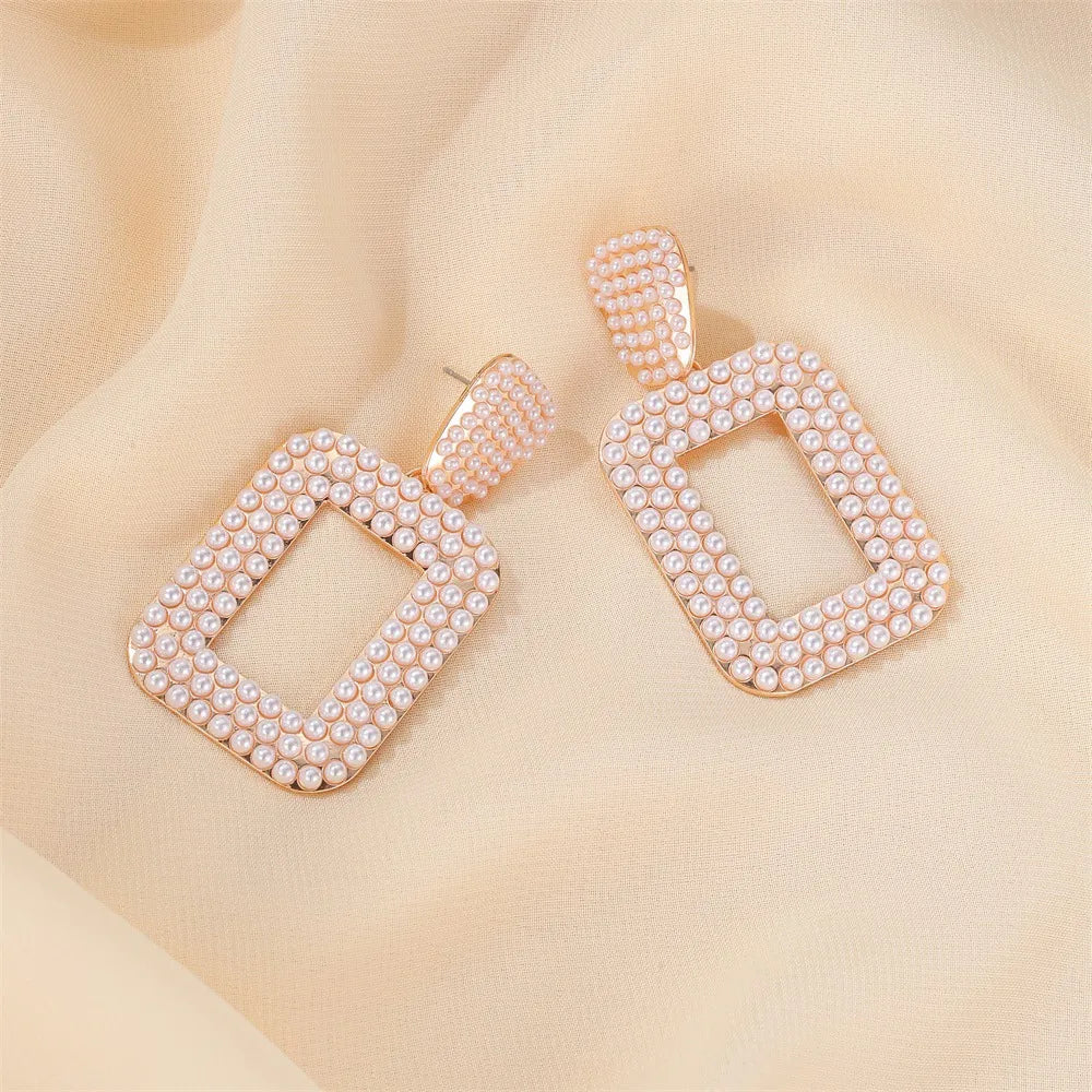 New Earrings Baroque Temperament Pearl Earrings Exaggerated Long Geometric Square Pearl Earrings Wholesale Nihaojewelry