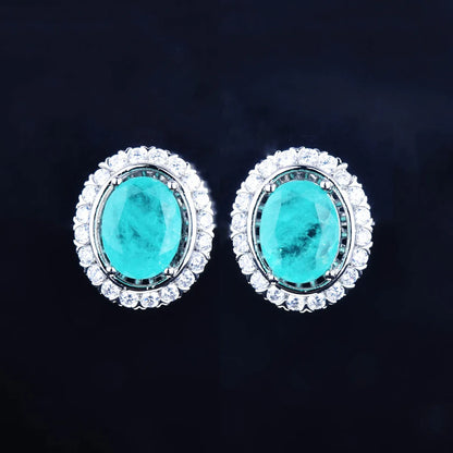 New European And American Style Retro Imitation Paraiba Suit Tik Tok Live Stream Colored Gems Necklace Open Rings Ear Studs Women