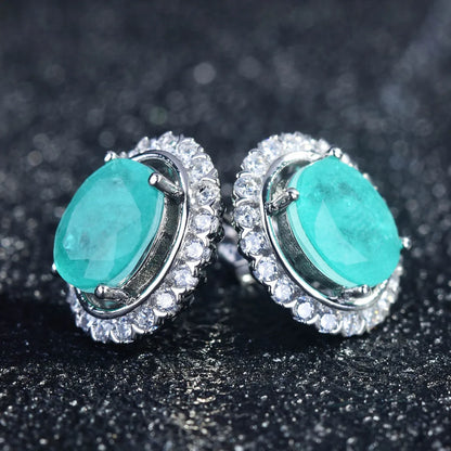 New European And American Style Retro Imitation Paraiba Suit Tik Tok Live Stream Colored Gems Necklace Open Rings Ear Studs Women