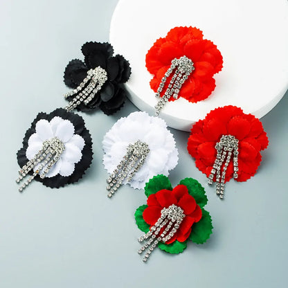 Cross-Border New Arrival Exaggerated Alloy Diamond Ins Style Cloth Large Flower Earrings Female Tassel Za Earring With Same Kind Wholesale