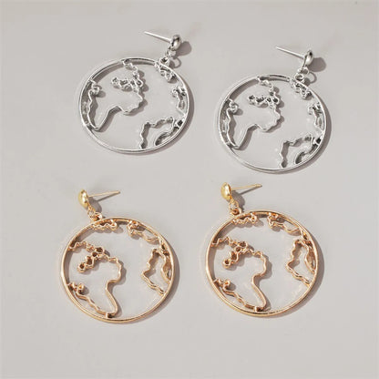 New Exaggerated Map Creative Design World Map Simple Round Hollow Earrings Wholesale