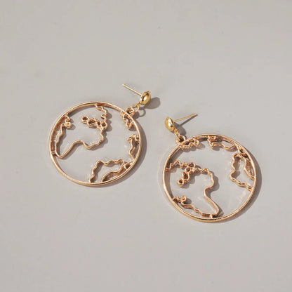 New Exaggerated Map Earrings Creative Design World Map Earrings Simple Round Hollow Earrings