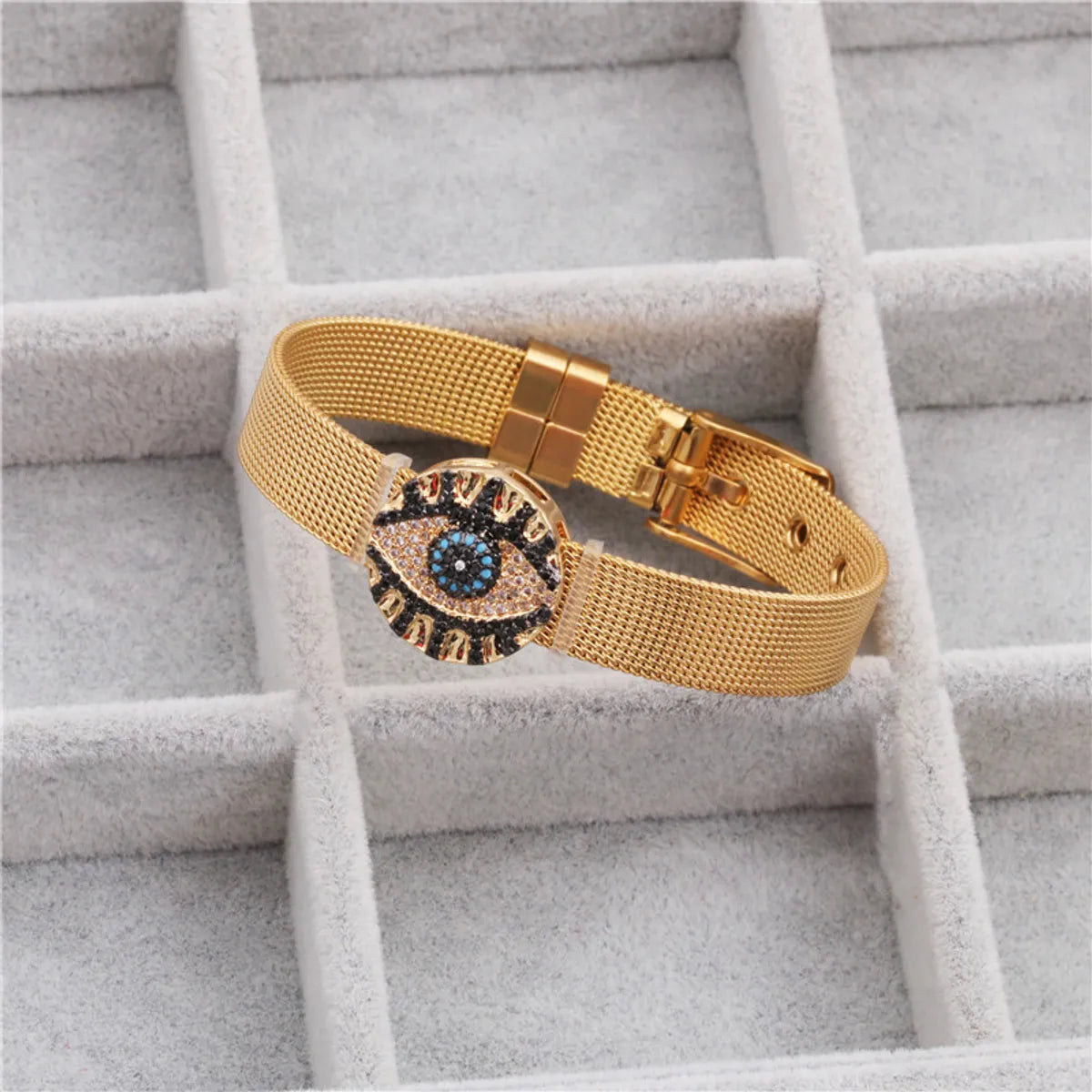 New Eye Color Zirconium Copper Micro-inlaid Zircon Stainless Steel Mesh Strap Bracelet