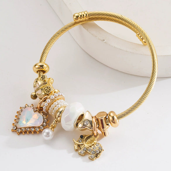 New Fashion Adjustable Unisex Alloy Bracelet With Diamond Set Elephant Love Pendant And Geometric Style