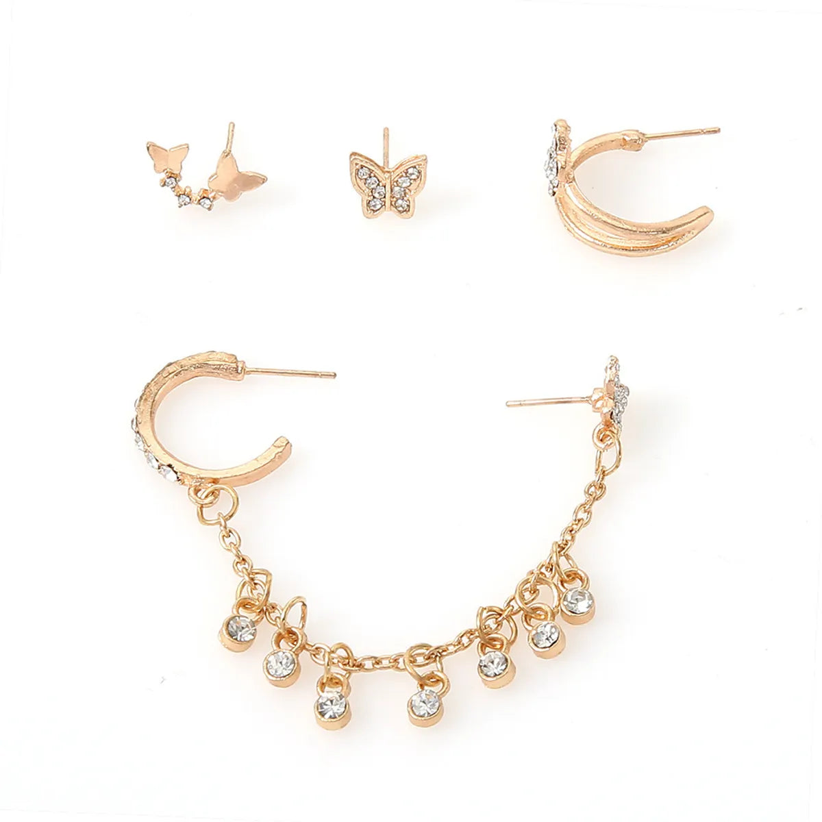 New Fashion Butterfly Chain Rhinestone Tassel Earrings 4-Piece Set