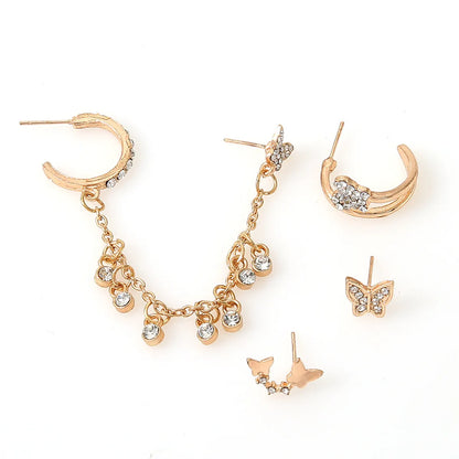 New Fashion Butterfly Chain Rhinestone Tassel Earrings 4-Piece Set