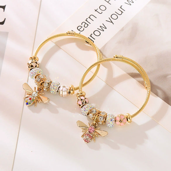 New Fashion Diy Unisex Adjustable Diamond Geometric Bees Pendant Alloy Stainless Steel Bracelet