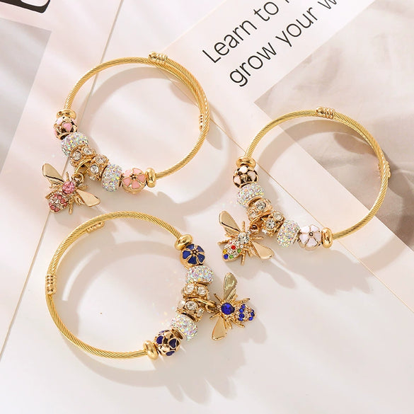 New Fashion Diy Unisex Adjustable Diamond Geometric Bees Pendant Alloy Stainless Steel Bracelet