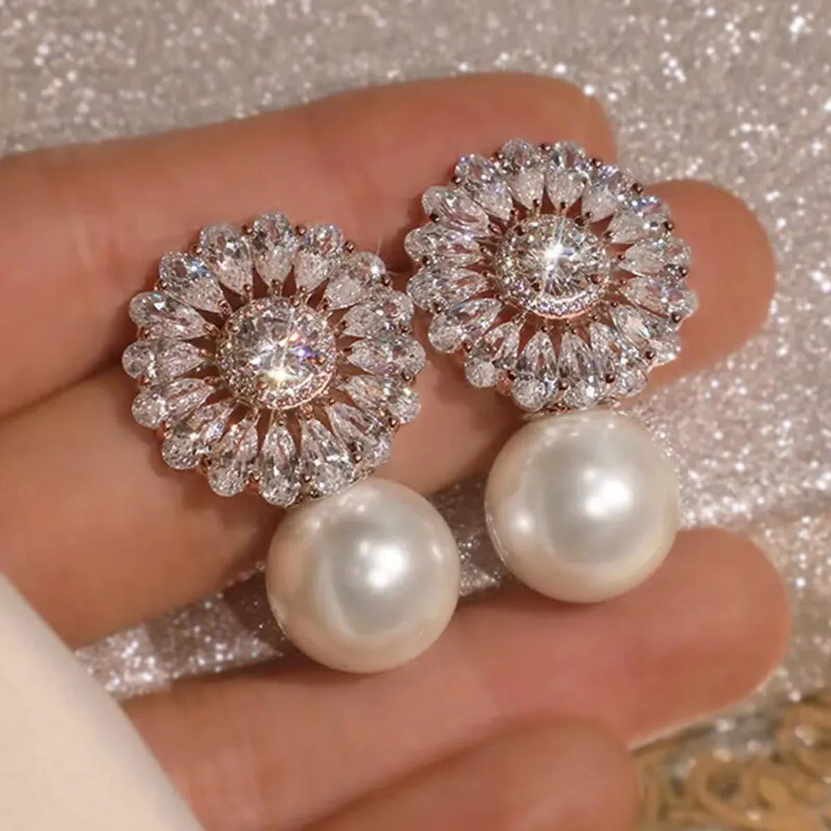 New Fashion Flower Pearl Zircon Earrings Bridal Engagement Copper Jewelry