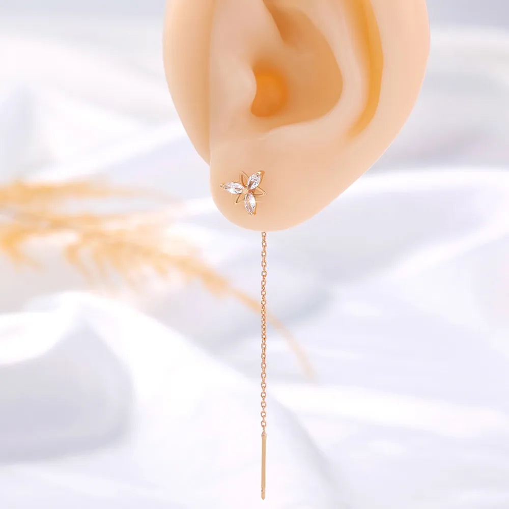 New Fashion Flower Shape Copper Inlaid Zircon Tassel Pierced Earrings