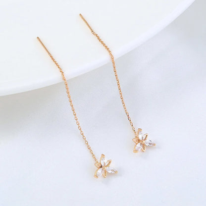 New Fashion Flower Shape Copper Inlaid Zircon Tassel Pierced Earrings