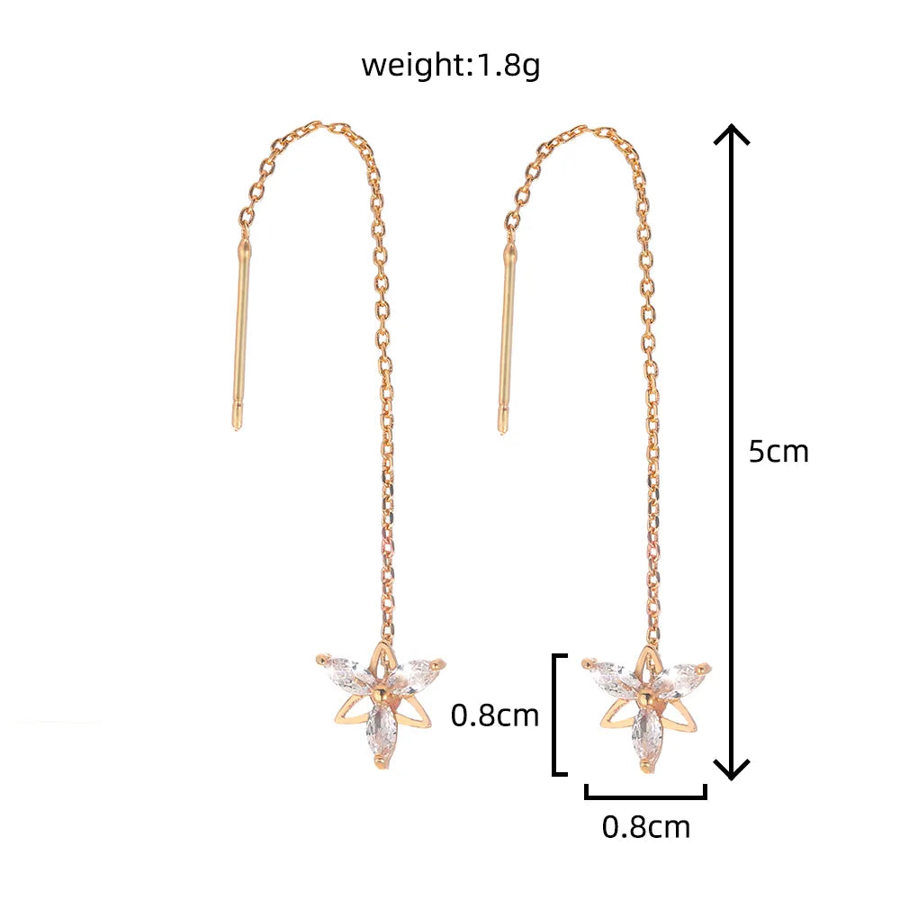 New Fashion Flower Shape Copper Inlaid Zircon Tassel Pierced Earrings