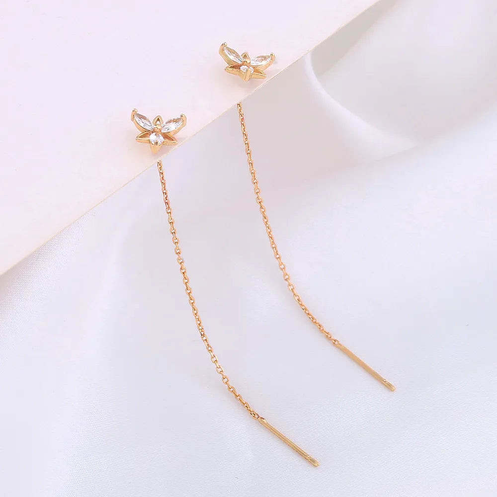 New Fashion Flower Shape Copper Inlaid Zircon Tassel Pierced Earrings