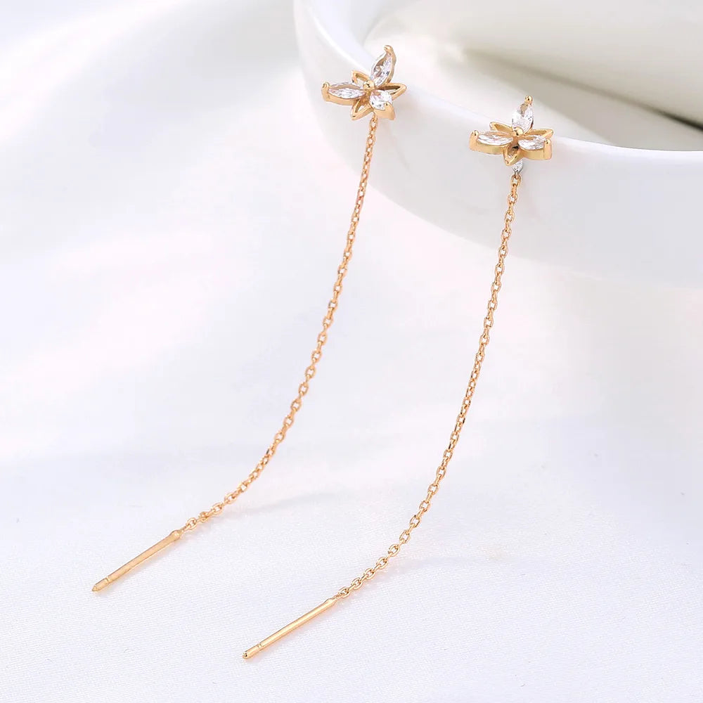 New Fashion Flower Shape Copper Inlaid Zircon Tassel Pierced Earrings